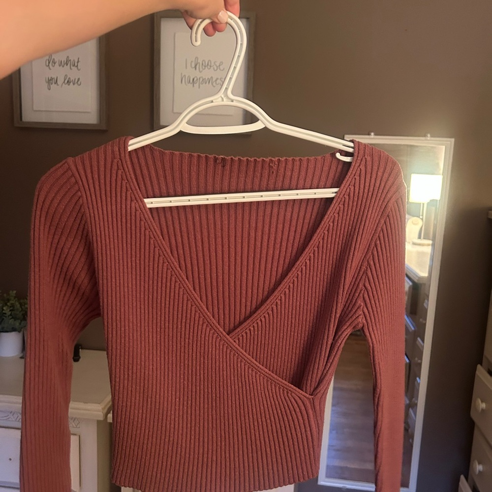 Rust Ribbed Wrap Sweater